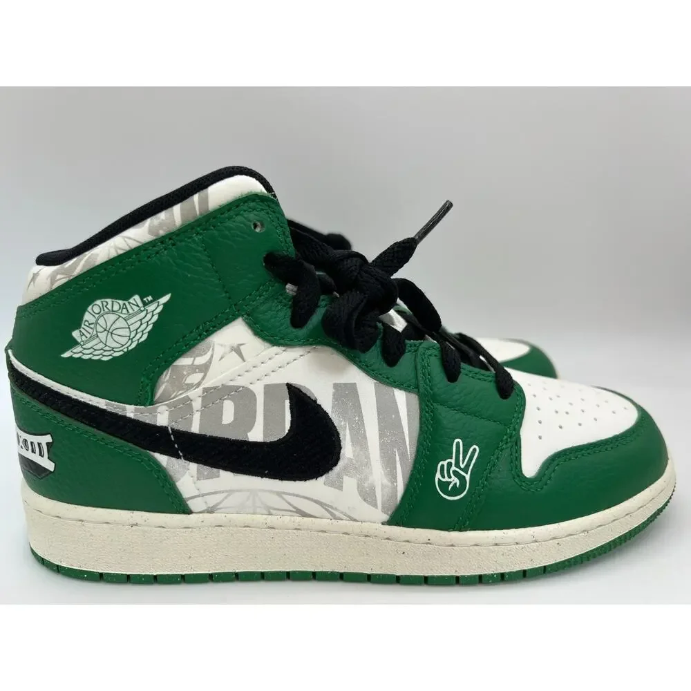 Jordan 1 Mid SE Overbranded GS Pine Green Sneakers HF3200-300 Size 7Y.